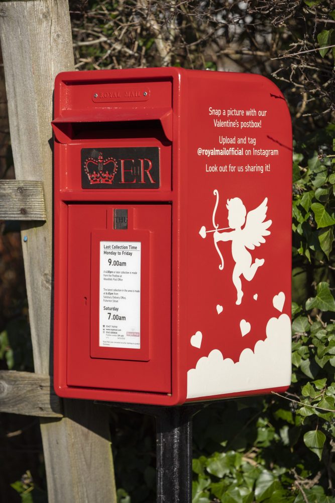 The decorated post box in Lover, Wiltshire.