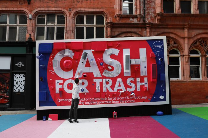 Currys’ billboards laden with old and broken tech devices promote Cash for Trash scheme