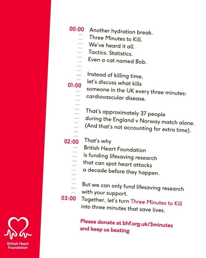 British Heart Foundation turns hydration breaks into a fundraising platform in Three Minutes to Kill