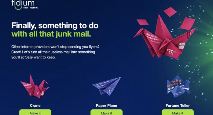 BRAY & CO. TURNS ISP JUNK MAIL INTO PAPER AIRPLANES FOR FIDIUM FIBER INTERNET